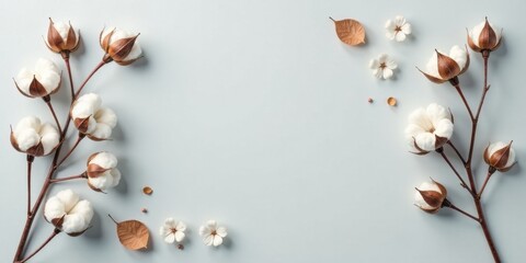 Aufkleber - Delicate Cotton Blooms and Dried Leaves Frame a Soft Blue Background for Elegant Design