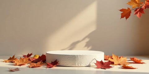 Aufkleber - Autumnal Display White Circular Pedestal with Scattered Maple Leaves and Warm Sunlight Shadows