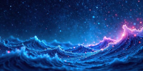 Aufkleber - Luminous Ocean Waves Under a Starry Night Sky, a Dreamlike Digital Render of Sparkling Water and Celestial Dust