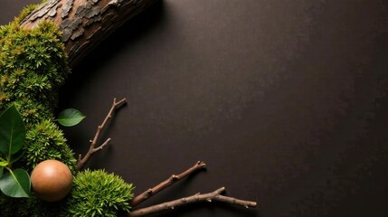 Aufkleber - Serene Composition of Natural Elements Wood, Moss, and Twigs on Dark Background