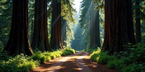Poster - Sunlit Path Through Majestic Redwood Forest, A Serene Woodland Scene with a Dusty Road Winding Between Ancient Trees