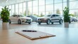© NanisHappy - A modern car dealership interior with sleek vehicles on display. A clipboard and pen are in focus, symbolizing automotive sales and transaction preparation.