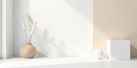Aufkleber - Serene Minimalist Interior Scene with Dried Floral Arrangement in Earthy Tones and Geometric Forms on a Bright Window Sill