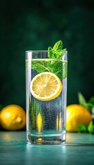 A refreshing drink featuring a glass of sparkling water infused with lemon slices and fresh mint leaves, perfect for a cool summer afternoon