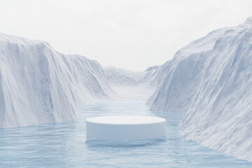 Wall Mural - 3d render platform background and empty round stage, ice podium on the frozen lake with ice snow mou