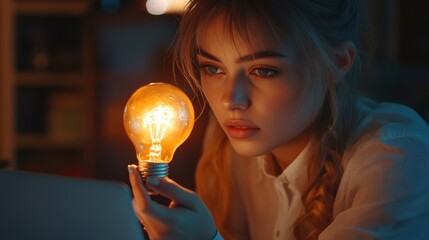 Closeup image of a businesswoman holding a glowing light bulb while working on laptop computer in office