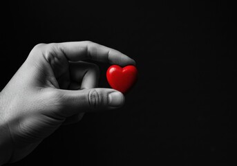 Black and white photography, hand holding small red heart, selective color, macro shot, shallow depth of field, love symbol, emotional contrast