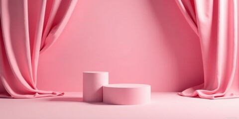 Poster - Pink Draped Background with Two Cylindrical Platforms for Product Display