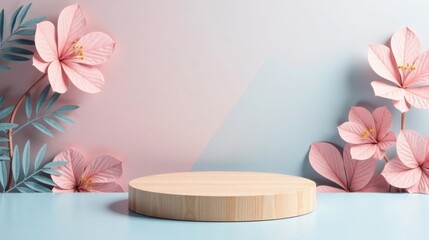 Aufkleber - Pastel Floral Background with Wooden Display Platform for Product Presentation