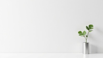 Poster - Minimalist Still Life A Single Sprout in a Silver Cylinder Against a Blank Wall