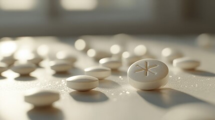 A close-up of white pills scattered on a white surface, one pill is in focus with a cross scored on the top, the others are blurry in the background.