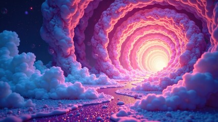 Poster - Whimsical Cloud Tunnel A Path Through Dreamlike, Pastel-Colored, Swirling Nebulae Leading to a Bright, Ethereal Light Source