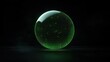 © Vadym - Holographic green sphere floats against black background. Modern tech design. Futuristic innovation concept. Abstract geometric shape. Dynamic, vibrant sphere. Shiny, glossy surface. Contemporary eco