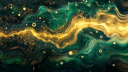 Poster - Dive into a mesmerizing digital art piece where swirling emerald and golden patterns create a river of light. This captivating visual journey blends nature's fluidity and cosmic wonder. 