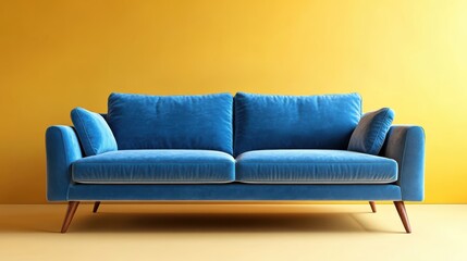 Blue sofa with two pillows in minimalist scandinavian style on the pastel yellow background