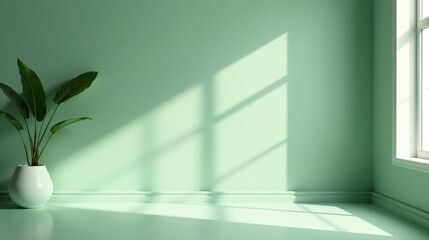 Aufkleber - Serene Minimalist Room Corner with a Lush Plant in a White Pot and Soft Light Filtering Through a Window