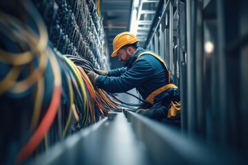 Electrician organizing a complex array of wires in a commercial setting during daytime