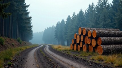 Aufkleber - Serene forest path meanders through misty pines, leading to a stack of freshly cut timber logs beside the road.