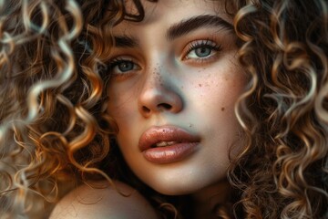 Wall Mural - Close up beauty portrait highlighting perfect skin, freckles, and stunning curly hair, embodying natural beauty