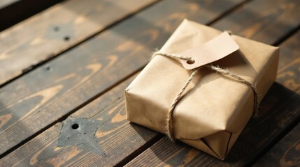 Aufkleber - A simply wrapped gift package rests on a rustic wooden surface, bathed in sunlight, awaiting its recipient.