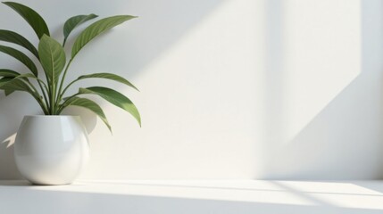 Aufkleber - Serene Minimalist Interior Design Featuring a Lush Green Plant in a Simple White Pot, Bathed in Soft Natural Sunlight