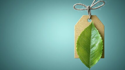 Wall Mural - A brown paper tag with a green leaf attached, hanging on a blue background.