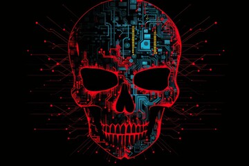 Wall Mural - red and blue electronic circuits creating a skull shape representing cyber threats and data breaches