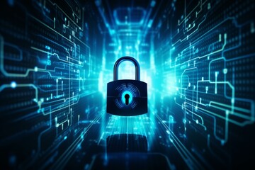 Wall Mural - padlock securing data flow inside a server room, symbolizing robust cyber security measures in digit