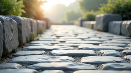 Aufkleber - Serene Pathway A Cobblestone Walkway Bathed in Golden Sunlight, Flanked by Lush Greenery, Beckoning Towards a Peaceful Horizon.