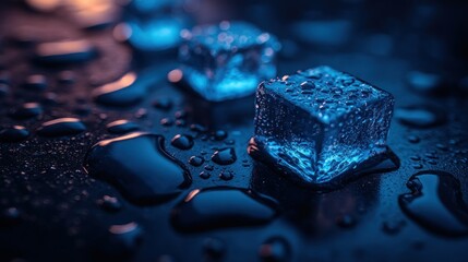 Poster - Glowing ice cubes, water droplets, dark surface, background blur, drink advertisement