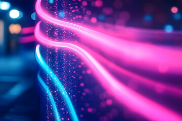 Wall Mural - Abstract background with pink blue glowing neon lines and bokeh lights. Data transfer concept