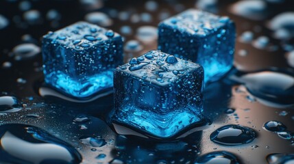 Poster - Glowing ice cubes, wet surface, dark background, drink ads