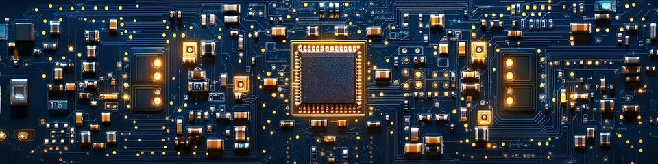 Wall Mural -  Microscopic circuit board with glowing diodes and symmetrical design. Fine lines resemble a digital maze, glowing under soft blue light, showcasing futuristic technology.