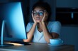 © Vadym - Tired african woman works late at home. Freelancer with eyeglasses sits in front of monitor feeling exhausted, stressed. Overworked female looks fatigued. Working overtime on computer. Nighttime.
