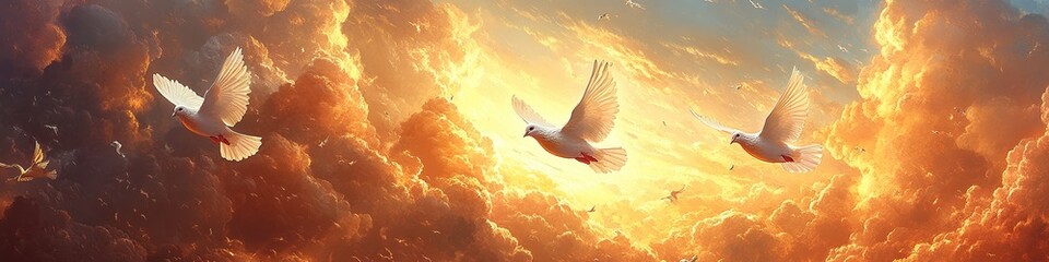 Wall Mural - pure white doves gliding in mid-flight through radiant, cloud-filled skies. their glowing feathers r