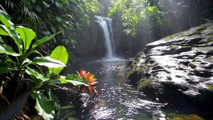 Poster - A secluded waterfall cascading into a hidden jungle pool, surrounded by tropical plants and dappled sunlight breaking through the canopy.
