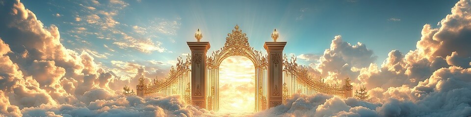 Wall Mural - radiant golden gates with intricate detailing glowing softly among clouds. serene blue and white ski