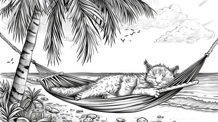 Wall Mural - A cat napping in the shade of a palm tree on a hammock by a tropical beach 