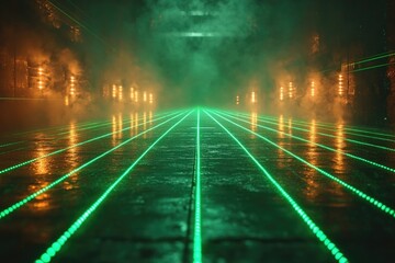 Wall Mural - A bright green light illuminates a wet and deserted city street at night