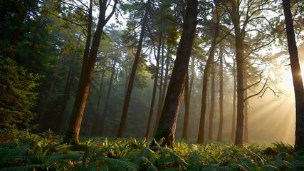 Fototapete - Serene forest landscape with sunlight filtering through tall trees, a misty atmosphere, and lush greenery, ideal for backgrounds or nature-themed designs.
