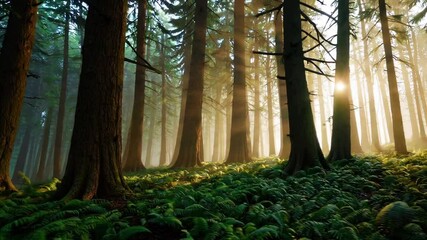 Fototapete - Serene forest landscape with sunlight filtering through tall trees, a misty atmosphere, and lush greenery, ideal for backgrounds or nature-themed designs.
