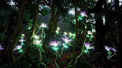 Poster - A lush jungle filled with intertwining vines and glowing flowers that seem to shift and bend into different planes of existence. The sunlight filters through, creating shimmering patterns.
