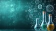© mlangsen - Three beakers with colorful liquids and chalk-drawn science formulas on teal background.