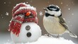 © Aris - Small snowman with red scarf and a bird on snow.