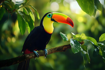 Keel-billed Toucan, Ramphastos sulfuratus, bird with big bill. Toucan sitting on the branch in the forest, Boca Tapada, green vegetation, Costa Rica. Nature travel in central America.