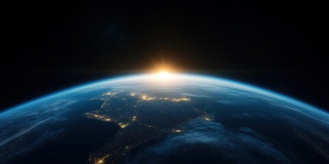 Wall Mural - Panoramic view of Earth from space. Sunrise over continents. Glowing city lights visible. Light clouds drift around planet. Stunning sunrise view. Planet Earth seen from space. Beautiful sunrise over