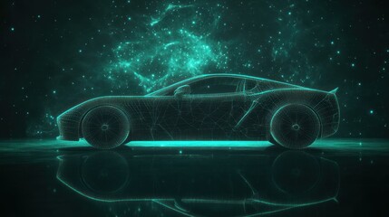 Futuristic sports car, digital rendering, glowing lines, dark background, reflection.