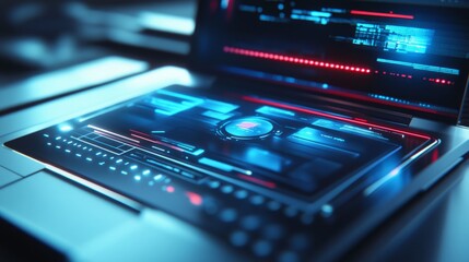 Futuristic laptop interface, data analysis, dark tech background, software development