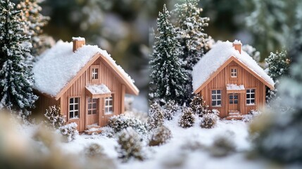 Wall Mural - A pair of tiny wooden houses surrounded by snow and winter scenery, great for use in winter-themed designs or as a symbol of cozy warmth