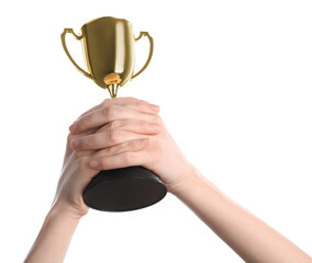 Wall Mural - woman holding golden trophy on white background, closeup